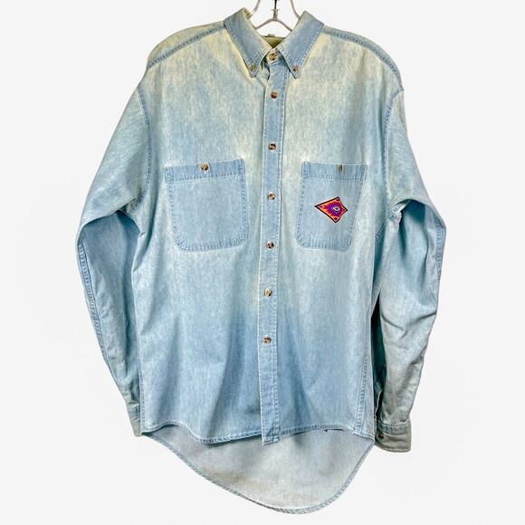 Vintage Denim Shirt Aztec Design Button Up Acid Wash Blue Mens Medium 80s Cowboy - Picture 2 of 10